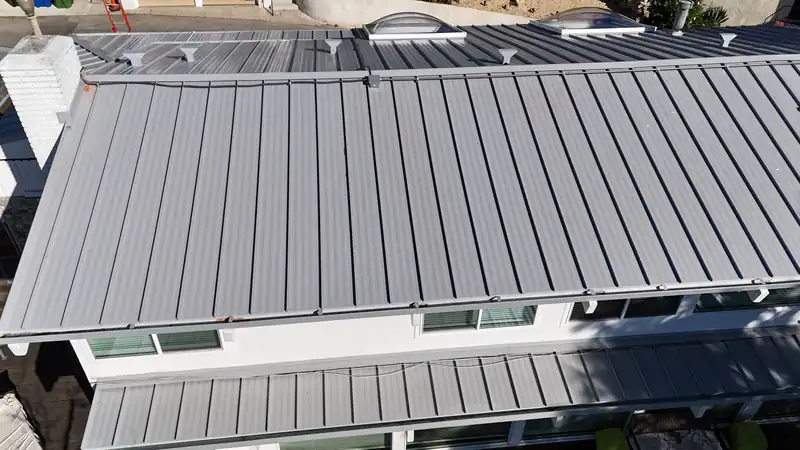 Long silver standing seam panels with raised seams and a lower porch roof
